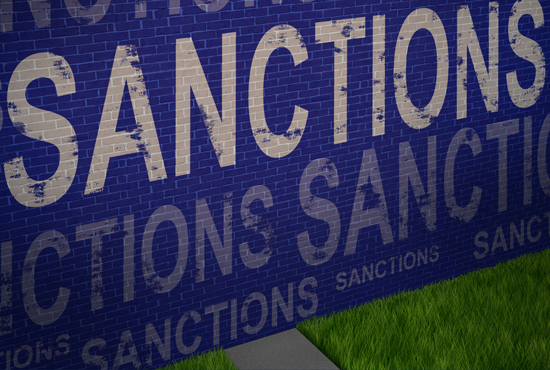 Graphic with the word "sanctions" written several times on a 3D model of a brick wall